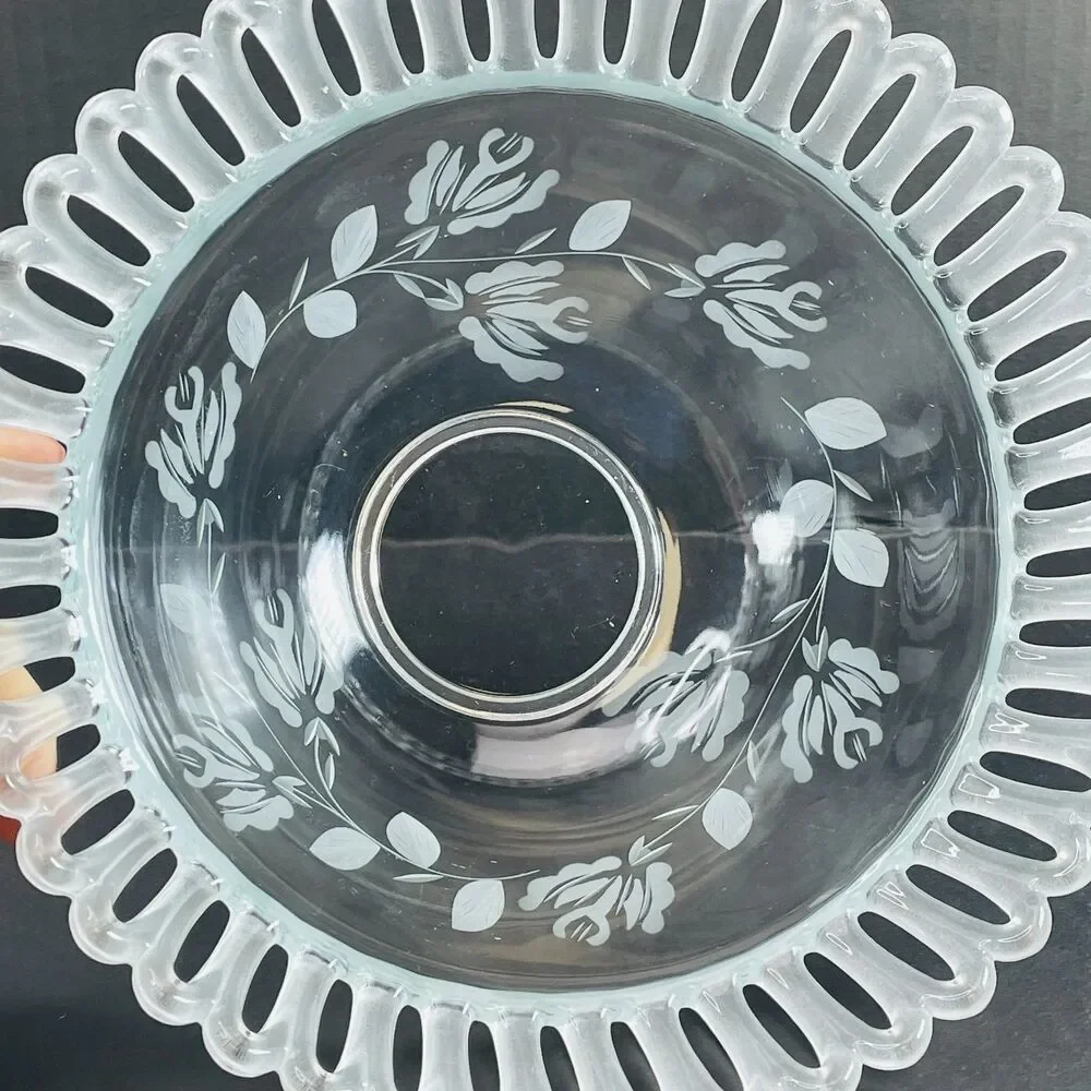Vintage Clear Glass Frosted Laced Edge Fruit Bowl 10